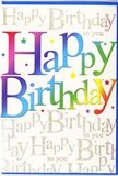 In this image, a striking birthday card stands proudly, its design echoing the lively, artistic spirit often felt around Canonbury and nearby Islington. The main focus is the bold phrase Happy Birthday, printed in generous, rounded capitals that seem to dance across the front. Each letter is filled with a smooth, blended gradient, shifting through a spectrum of festive colours: deep berry red, rosy pink, royal purple, vivid blue, sea green, fresh lime, and warm, buttery yellow. The transitions are soft and fluid, like coloured lights slowly changing during an evening celebration in a local Canonbury pub garden. Behind this jubilant text, the entire background is filled with repetitive golden handwriting. The words Happy Birthday to you appear in graceful, looping script, spreading from edge to edge in lines that weave gently around each other. The ink has a metallic sheen, capturing highlights that make the background look as though it's dusted with fine, celebratory glitter, while still remaining tasteful and refined. Despite the intricate script, the central rainbow message remains perfectly clear, standing out as the unmissable focal point. The card stock itself appears sturdy and smooth, with a soft sheen that suggests quality, like something you might pick up from a well-curated local gift shop after ordering fresh flowers for same-day delivery. The overall mood is one of generous warmth and high-spirited joy, a single, vivid piece of birthday cheer that would pair beautifully with a bright, seasonal bouquet delivered to a friend's home just off Canonbury Square.