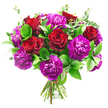 A full, luxurious hand-tied bouquet of deep red roses and jewel-toned purple carnations is displayed against a pure white background, every bloom appearing vivid and freshly gathered. The roses are classic and captivating, their velvety petals spiralling inward in tight, romantic curls, each flower a rich crimson that instantly suggests love, admiration, and a touch of drama. Nestled among them are generous clusters of purple carnations, their frilled, intricately layered petals tumbling in shades from bright, almost electric fuchsia through warm magenta to deeper, royal purples. This interplay of tones lends the bouquet a sense of depth and movement, as if the colours are gently flowing into one another. Surrounding and threading through the blooms is a carefully chosen mix of greenery: dark green, glossy leaves form a structured base, giving the bouquet a polished outline, while long, elegant sprigs of silvery-green eucalyptus soften the edges and introduce a subtle sense of airiness and natural fragrance. The stems have been expertly aligned and secured at the base with a fine red tie, the hallmark of a professional hand-tied design crafted by an experienced Canonbury florist. With the white background eliminating distractions, the bouquet feels almost like a living painting, each vein and petal edge clearly visible. It is easy to imagine this arrangement arriving as a same-day delivery surprise to a flat near Canonbury Station, lighting up a celebration off St Paul's Road, or standing proudly on a mantelpiece along New River Walk, expressing passion, gratitude, or congratulations with bold colour and gentle, romantic softness.