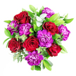 In this image, a sumptuous bouquet of deep crimson roses entwines with vivid purple carnations, creating an intimate composition that feels perfectly at home in Canonbury's elegant, village-like streets. The roses are rich and velvety, their layered petals curling outward in soft spirals, some blooms fully open and others just beginning to unfurl, adding a sense of time and unfolding romance. The carnations provide a spirited counterpoint, their ruffled purple petals forming textured clusters that seem almost feather-light beside the denser roses. Around the central cluster of blooms, a halo of fresh greenery provides structure and contrast: smooth, glossy leaves catch the light, while slender stems of silvery-green eucalyptus weave through the design, lending a cool, contemporary edge. The eucalyptus adds a visual lightness and hints at a clean, invigorating scent that you can almost imagine cutting through the richer floral perfume. Soft, natural-style lighting reveals the intensity of the colours without overpowering them, so the reds remain deep and passionate and the purples glow with clarity. The bouquet feels both polished and personal, like a carefully chosen gift delivered to a flat near Canonbury Gardens or a thoughtful surprise brought along to a dinner with friends off St Paul's Road. It speaks easily of love, appreciation, and celebration, whether marking an anniversary, a special birthday, or simply a moment when words feel too small. Every stem appears deliberately placed, suggesting an experienced hand behind the design and a florist's instinct for harmony, balance, and emotional resonance.