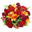 Seen from directly above on a clean white background, this hand-tied, perfectly rounded bouquet reads as a rich study in warm colour and tactile contrast. At the centre and fanning outward are large, fully opened deep red roses with velvety petals that curl into dense, romantic hearts; their classic silhouette anchors the design. Between and around them, bright orange Asiatic lilies punctuate the composition with trumpet-shaped petals and visible stamens, a mix of fully open blossoms and elegant, unfurling buds that suggest movement and freshness. Small clusters of burgundy spray roses nestle into the gaps, their miniature, tightly-packed blooms adding jewel-toned depth and a plush, layered texture. Scattered throughout are glossy, ruby-red hypericum berries that catch the light in tiny, lustrous highlights and provide a playful, festive rhythm against the leaves. Broad, glossy green foliage-likely ruscus or salal-peeks through in measured swathes, its cool verdancy sharpening the warm reds and oranges and giving the bouquet a fuller, living silhouette. The lighting is soft and even, eliminating harsh shadows so each petal and berry reads clearly; the overall effect is opulent yet composed. Close your eyes and you might sense the warm, spicy citrus of lily blended with the deeper, honeyed perfume of rose. This arrangement feels like a declaration-perfect for an anniversary, a heartfelt celebration, or as an autumnal centrepiece to warm a room-and it's composed with the steady hand of an experienced florist familiar with local tastes in Canonbury and nearby Islington.