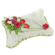 A solemn, rectangular sympathy pillow made entirely of tightly packed, pristine white chrysanthemum blooms rests against a soft white backdrop. The surface reads like a cloud of tiny petals-dense, velvety and pure-giving the cushion a reassuringly soft texture that suggests calm and repose. Around the slightly raised edge a narrow band of light green satin ribbon peeks through, its subtle sheen forming a gentle frame that lifts the white into a quieter green note. On the upper left corner a clustered spray of deep red roses and rich burgundy carnations gathers like a small, carefully chosen bouquet: the roses range from tightly furled buds to fully open heads with velvet petals, while the carnations add layered, ruffled depth. Small white accent blooms-delicate freesias or spray chrysanthemums-dot the cluster and provide a pale, fragrant contrast. Lush green foliage, including fine fern fronds and broader leaves, supports the grouping and gives the arrangement its living, architectural backbone. From this higher cluster, three graceful arcs of bright green bear-grass or similar stems sweep diagonally across the chrysanthemum field toward the lower right, visually connecting the two corners and guiding the eye to a single, perfect red rose that rests as a quiet punctuation point at the pillow's end. The scent is soft and clean, the overall mood reverent and tender-an arrangement meant to convey comfort, respect and enduring love at a funeral, wake or memorial service in Canonbury and the surrounding Islington neighbourhoods, suited for placement at a chapel, crematorium or beside a cherished photograph.