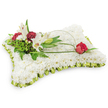 A gently shaped rectangular pillow of flowers rests against a pure white backdrop, its entire surface a tactile sea of tiny, snow-white chrysanthemum blooms packed so closely they read as a soft, cloud-like textile. The low, even lighting picks out the delicate ridges of each petal, suggesting the cool, comforting texture you might expect from a treasured cushion. A fine pleated trim of pale lime-green satin runs around the edge, its subtle sheen catching the light like a soft ribbon ruffle and framing the composition with a whisper of colour.

At the upper left, an artful cluster draws the eye: two open white Oriental lilies, their broad petals curving back to reveal pale yellow stamens, stand beside a gently closed lily bud. Deep burgundy spray carnations nestle between the lilies, their ruffled edges creating a warm, velvety counterpoint to the immaculate chrysanthemum ground. Sprays of feathery fern and glossy green foliage give weight and depth to the grouping, their cool green tones reinforcing the arrangement's sense of repose.

From that left cluster a slender, graceful loop of green salal or bear grass arcs across the white surface, an elegant line that culminates on the pillow's right side in a single deep red rosebud, just beginning to unfurl its velvety petals. The composition - white, deep red, and soft green - speaks quietly of peace, remembrance and enduring love. As a traditional funeral cushion, this piece evokes comfort and respect, the kind of floral tribute you might choose for a memorial service in Canonbury or a calm gathering near Canonbury Square.