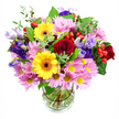 A colourful mixed bouquet stands proudly in a clear glass vase, photographed against a crisp white background that lets every bloom stand out in high detail. At the centre, sumptuous deep red roses bring a classic, romantic note, their densely layered petals appearing almost touchably soft. Just beside them, two large yellow gerbera daisies open wide, each with a rich brown-orange centre that draws the gaze and radiates cheerful warmth. Encircling these stars is a generous collar of pink daisies or chrysanthemums, their delicate, many-petalled heads and bright yellow centres forming a soft cushion of pastel colour. Threaded gently among the daisies, slender stems of lisianthus in shades of purple and lavender introduce a cooler, more refined accent, their bell-like flowers adding height and a sense of movement. Small clusters of round, ruby-red hypericum berries sit like beads among the leaves and petals, giving the arrangement a contemporary touch and playful texture. A mix of greens-some broad and deep in tone, others fine, fresh, and light-cradles the flowers and gives the design a natural, almost meadow-picked feel. Through the clear glass of the vase, you can see the neatly cut stems resting in transparent water, suggesting recent, careful preparation by an experienced florist. The bouquet feels bright yet balanced, like something you might order for same-day delivery to a home office near Canonbury Station or to a friend celebrating a promotion off St Paul's Road. It carries an air of optimistic celebration, perfect for adding colour and life to any Canonbury living room or dining table.