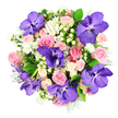 Captured from above against a clean white background, this lush Canonbury bouquet forms a near-perfect circle of colour, with every flower tucked closely together to create a rich, abundant surface. Striking Vanda orchids in a saturated, royal purple weave throughout the design, their petals velvety and patterned with darker violet flecks that make each bloom feel unique and hand-painted. They nestle among a generous gathering of roses in soft blush pink, delicate pastel tones, and gentle cream, some still cupped tightly, others beginning to open into full, layered rosettes. The interplay between the orchids' dramatic presence and the roses' romantic softness brings to mind the blend of old and new you find wandering around Canonbury's tree-lined streets and Georgian houses. Between these larger flowers, fine sprays of tiny white blossoms lighten the composition, echoing the look of asters or miniature daisies and adding a sense of gentle movement. Cream-ivory Hypericum berries appear in rounded clusters like small pearls, giving a tactile, almost playful dimension to the arrangement. Around the edges and peeking through the gaps, glossy dark green leaves create structure and depth, while wisps of silvery-green foliage, similar to Dusty Miller, lend a soft, misty undertone that cools the overall palette. The bouquet feels sophisticated yet inviting, as suited to an intimate engagement dinner near Upper Street as to a birthday delivery for a friend relaxing at home in Canonbury. It conveys freshness, artistry, and a quietly joyful atmosphere, capturing the spirit of a special moment that deserves to be remembered.