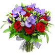 On a clean white backdrop, this Canonbury-assembled bouquet reads as a celebration in color and texture, a confident statement from a seasoned north London florist. The full, rounded arrangement pairs velvety crimson roses with stately purple Vanda orchids, their broad petals glazed with a lacquered sheen and speckled with darker lilac marks that catch the eye from every angle. Intertwined among these luxuriant blooms are sprays of Lisianthus in soft lavender, some still in bud, others just opening, which lend a gentle, almost silvery glow to the composition. The backdrop of green foliage is lush and generous-large, glossy leaves provide a deep emerald frame, while slender, eucalyptus-like stems trace the bouquet with a breath of fresh scent and airy movement. A scatter of unopened green buds and pale filler blossoms adds subtle texture and rhythm, like notes in a quiet melody. The stems converge at the base and are knotted with a decorative dark mesh ribbon, almost black with a hint of plum, creating an elegant, contemporary bow that balances sophistication with natural grace. The overall mood is festive and opulent yet refined, suitable for milestones, grand celebrations, or a heartfelt thank-you, and it would be a luxurious gift for someone in Canonbury or nearby Islington. Available for same-day delivery across Canonbury, Angel, and surrounding pockets of north London, it brings a touch of couture floral artistry to the recipient's doorstep.