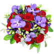 Seen from directly above, this magnificent bouquet spreads out like a richly woven medallion of colour on a bright white background, its drama and elegance well suited to a special occasion in Canonbury or nearby De Beauvoir. At its centre, a generous cluster of deep red roses anchors the composition, each bloom formed from tightly layered, velvety petals that spiral inward, embodying passion, romance, and enduring affection. Interspersed among them are standout Vanda orchids, whose expansive petals glow in shades of lavender-purple, intricately spattered with darker violet markings that lend a sense of exotic refinement and visual intrigue. Encircling these focal flowers, abundant violet-purple lisianthus adds depth and a hint of movement; some blossoms are fully open with soft, ruffled petals that fan outward, while others remain in neat, bell-shaped buds, creating a dynamic interplay of shapes and stages of bloom. Scattered throughout are smaller, more delicate touches: light purple florets and petite rosebuds that soften the stronger hues and provide a subtle, romantic counterpoint. Around the perimeter, glossy dark green rose leaves create a solid, verdant frame, complemented by airy, silvery-green eucalyptus stems that stretch outward and add a cool, contemporary accent, as well as an imagined whisper of fresh, clean fragrance. Finer stems of filler greenery, lined with tiny leaves, weave among the larger flowers, enhancing the bouquet's sense of fullness and fluid layering. Near the lower edge, a suggestion of silvery-grey mesh or decorative netting emerges, hinting at refined wrapping ready for hand delivery. The overall impression is of an opulent, thoughtfully crafted bouquet, ideal for anniversaries, significant romantic gestures, or sophisticated celebrations at home across Canonbury and the surrounding Islington streets.