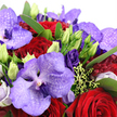 A lavish bouquet in rich purple and crimson tones fills this close-up image, arranged with the kind of precision and flair you'd expect from a seasoned Canonbury florist. At the heart of the design, striking Vanda orchids open wide, their petals awash in lavender, violet, and deep purple hues. Each petal is intricately patterned with darker speckles and veins, giving the flowers a luxurious, almost embroidered appearance. Cradling these dramatic orchids are clusters of deep red roses, their velvety petals tightly wound in perfect spirals that speak of passion, devotion, and timeless romance.
Weaving between these focal blooms are stems of royal purple lisianthus, some fully unfurled with delicately ruffled petals, others still in slender, lime-tinted buds that hint at blossoms to come. The buds introduce a sense of freshness and gentle movement, like the first buds you might notice in spring along Canonbury's tree-lined avenues. Surrounding foliage in rich emerald green frames the flowers, offering structure and a natural, garden-inspired backdrop. Threads of chartreuse filler and tiny berry-like forms are tucked among the petals, adding texture and a subtle brightness that lifts the deeper shades.
Captured in soft, natural light, the arrangement glows with a quiet intensity, each bloom clearly defined yet harmoniously blended into the whole. You can almost imagine running your fingers over the smooth orchid petals and the plush rose heads, or catching the faint, sweet fragrance that such a bouquet would bring into a room. With its opulent palette and carefully balanced design, this composition feels ideal for a romantic gesture-perhaps an anniversary surprise delivered to a home near Canonbury Square-or as an elegant centrepiece for an intimate celebration shared with someone special.