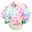 In Canonbury, this luxurious, abundant floral arrangement is carefully presented in a pristine white round hatbox, a gift that speaks of refined celebration. The composition overflows with a harmonious blend of soft pastel pinks and powder blues. Dominant are large plush pink peonies with their many delicate petals, while cloud-like clusters of light baby blue hydrangeas add generous volume. Interspersed are pale pink spray roses, their buds closed yet inviting, and two striking trumpet-shaped calla lilies in a deeper rose pink, one near the top-left and another peeking from the bottom-right. A hint of soft green foliage-hydrangea leaves and silvery dusty miller-frames the blooms, lending depth and a natural glow. The dome is full and rounded, a testament to the florist's craftsmanship; the bouquet sits against a pure white backdrop, making it feel almost like a sculpture.

This arrangement reads as a sophisticated gift for birthdays, anniversaries, baby showers, or gender reveals, as Canonbury neighbours might indulge in a special moment for friends and family. The scent is a gentle romance in bloom, though delicate and not overpowering. The design sits with quiet confidence, a centerpiece that would elevate a dining table or reception desk in streets near Canonbury Square, along Upper Street, and beyond into Islington. The bouquet is available for same-day or next-day delivery across Canonbury and surrounding wards, ensuring freshness and immediacy that reflects the neighbourhood's vibrant pace. Crafted by Canonbury Flowers, it embodies a refined courtesy and gentle celebration.