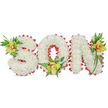 A lovingly constructed three-dimensional memorial displays the word SON in bold, sculpted letters, each letter built from tightly packed, snow-white chrysanthemum blooms that form a plush, cloud-like surface. The chrysanthemums' small, uniform petals create a quiet, reverent texture that reads soft and pure against a plain white backdrop. Around the perimeter of every letter a continuous scalloped border of vibrant red ribbon is meticulously looped and folded, the ribbon's satin sheen offering a vivid counterpoint to the matte white flowers and suggesting love and remembrance with tasteful restraint. At the upper left curve of the S, in the hollow base of the O, and near the upper right of the N, three lime-green cymbidium orchids are placed as focal accents; their waxy, substantial petals and pale yellow-green tones catch the light, while the crimson-brown markings in each orchid's throat add a small, warm punctuation to the composition. Interspersed among the orchids are fine fern fronds and elongated glossy green leaves that trail and lift the letters, giving the tribute a living, natural silhouette and gentle vertical movement. Soft studio lighting highlights the chrysanthemum's rounded forms and the orchids' polished texture, while a subtle floral scent and the crisp green of the foliage lend the piece a sense of calm dignity. This arrangement reads as a personal, handcrafted funeral tribute suitable for a graveside or memorial service in Canonbury or neighbouring Islington, a simple but powerful expression of love and remembrance shaped with careful floral craftsmanship.