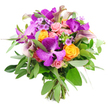 A lush, rounded bouquet is shown in crisp detail against a pure white backdrop, making its vibrant colours and layered textures appear almost three-dimensional. Rich purple Vanda orchids, with their wide, velvety petals and intricate speckled pattern, command attention at the heart of the arrangement, their exotic look suggesting something rare and carefully chosen. Tucked closely around them are bright orange roses, their tightly packed petals curving inwards to form classic, luxurious spirals, contrasted by clusters of soft pink garden roses that range from tiny, promising buds to more relaxed, open blooms. Emerging through this tapestry of colour, several tall calla lilies in shades of plum and soft lavender rise gracefully, their elongated, trumpet-shaped forms giving the bouquet a sense of elegance and height, like sculptural accents in a Canonbury townhouse interior. Interspersed throughout, small tufts of lavender-hued filler flowers and delicate green shoots add fine-grained texture and subtle variation in tone. The flowers are framed by a generous collar of greenery, including wispy, silvery eucalyptus leaves and deeper, sturdier foliage that create depth and a natural, botanical feel. At the base, the stems are clearly visible and neatly tied, underscoring the hand-crafted nature of the design and the skill of the florist who assembled it. The mood is one of joyful sophistication and quiet indulgence, well-suited to a special birthday breakfast on a Canonbury terrace or a congratulatory gift delivered to an office near Essex Road. Even without scent, the image suggests the gentle perfume of roses and the fresh, green note of just-cut foliage, as if the bouquet has only moments ago left the workroom at Canonbury Flowers.