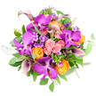 From a bird's-eye view, this sumptuous bouquet looks like a colourful oasis floating on a crisp white canvas, each bloom contributing to a harmonious, rounded design. Large Vanda orchids in intense fuchsia and rich magenta-purple anchor the arrangement, their petals marked with distinctive mosaic-style speckles that instantly signal rarity and luxury. Nestled closely around them are roses in two complementary palettes: gentle blush pink blooms offer a soft, romantic note, while vivid orange and glowing yellow roses bring a lively, sunlit warmth, their spiralled petals layered in tight, velvety swirls. Adding drama, several deep plum and aubergine calla lilies rise through the mix, their sculpted trumpet shapes arching with quiet elegance and drawing the eye deeper into the bouquet. Threaded among these larger stars are fine clusters of lavender and pale purple filler flowers, similar to phlox, which scatter delicate texture and a hint of countryside charm, like walking through one of Canonbury's hidden gardens at dusk. Supporting the flowers, an abundance of foliage in fresh emerald tones forms a dense, leafy cushion, interlaced with round, silvery eucalyptus leaves that introduce a cool, contemporary accent and the suggestion of a clean, aromatic scent. The composition is tightly arranged, with no sparse spaces, giving the impression of fullness and careful craftsmanship under soft, even lighting. It feels both celebratory and refined, perfect as an elegant gift delivered to a friend hosting dinner near New River Walk, a luxurious birthday surprise, or a modern centrepiece bringing joyful colour into a Canonbury living room.