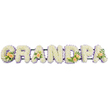 The image shows a bespoke funeral tribute where the word GRANDPA is spelled out in large, upright floral letters, aligned horizontally on a slim dark stand that discreetly supports the design. Each letter is fully covered in tightly massed white chrysanthemums, their small petals forming a smooth, pillowed texture that gives the arrangement a sense of softness and purity. A fine outline of light lavender and lilac flowers traces the outside of each capital, sharpening the silhouette of the G, R, A, N, D, P, and final A against a plain, bright white background. The florist has woven in clusters of accent flowers to add warmth and personality: on the G, several peach roses are gathered with elegant white lily buds and glossy green leaves; on the first A, a single peach rose nestles into the white petals; on the D, a small spray of roses and foliage echoes the first cluster; and on the last A, another solitary rose with greenery completes the sequence. The colour palette moves gently from crisp white to soothing lilac and soft peach, mirroring the tender emotions of remembrance, gratitude, and farewell. It feels like the kind of meaningful piece a family in Canonbury might order for a funeral or memorial service, the name GRANDPA clearly spelled out so that each guest immediately understands who is being honoured, while the careful floristry and fresh blooms speak quietly of love, respect, and cherished memories.