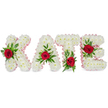 A large, sculpted floral tribute spells the name KATE in bold, three-dimensional block letters, each letter built from a dense cloud of pristine white chrysanthemums. The chrysanthemums form a soft, pillowed surface that reads pure and dignified against a clean white backdrop, their tiny petals overlapping to create a seamless, luminous texture. Each letter is traced along its outer contour with a narrow pale pink satin ribbon, a delicate border that catches the light and lends a quietly feminine finish. At the heart of every letter sits a single deep red rose - vivid, velvety and full - chosen to punctuate the white with a note of intense warmth and love. Those roses are artfully nestled into generous sprays of rich green foliage, a mix of broad glossy leaves and finer fern-like fronds that lift and frame the blooms, giving the composition a natural, living depth. The roses are placed with considered balance: the rose on the K rests low on the left vertical stroke, the A's rose crowns the peak of its triangular form, the T's rose anchors the left underside of the crossbar, and the E's rose nestles along the middle arm. There is a faint, respectful scent of chrysanthemums and roses, and the whole arrangement reads as a bespoke sympathy tribute - the kind of personalised memorial piece often chosen for a funeral or celebration of life. As a Canonbury florist familiar with Canonbury Square and nearby Essex Road, I imagine this design arriving at a service in Islington with quiet dignity and heartfelt presence.