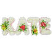 A serene yet striking floral arrangement spells the name KATE in large capital letters, lying in a neat line against a clean white background that highlights every carefully placed bloom. Each letter is meticulously constructed from compact clusters of snowy white chrysanthemums, creating a plush, almost quilted effect that feels soft and comforting, especially in the context of a farewell tribute. Encircling the edges of each K, A, T, and E is a narrow band of pale pink satin ribbon, gathered and ruffled so it gently hugs the contours, adding a subtle blush of colour and a sense of delicacy often chosen for feminine memorials in Canonbury churches and crematorium chapels. Within the white floral base, islands of lush dark green foliage have been woven, providing an elegant foundation for showcase blooms. On the K and by the base of the T, lime-toned cymbidium orchids with richly patterned red-brown throats stand out, introducing a refined, modern accent suggestive of carefully curated flower beds along Canonbury's leafy terraces. Meanwhile, on the A and E, vivid heart-shaped red anthuriums with their high-gloss, waxy texture bring a bolder touch of love and remembrance. Slender green vines and trailing stems flow gracefully from one letter to another, gently linking the whole name so it feels like a single, continuous tribute rather than four separate pieces. The overall effect is one of calm elegance and quiet emotion, perfect for a funeral, memorial service, or celebration of life where family and friends wish to honour Kate with a personalised sympathy flower arrangement.