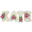 A tender, three-dimensional floral tribute spells out the name KATE in bold block letters, each letter built from a dense carpet of small, pristine white chrysanthemums that give the formation a soft, cloud-like surface. The inner edges of the letters are traced with a pale pink satin ribbon, a delicate outline that adds a whisper of warmth against the pure white flowers. Scattered as focal notes across the composition are vivid hot-pink roses: a pair of gracefully opened roses on the left arm of the K, a single prominent rose tucked into the lower centre of the A, one bright rose anchoring the base of the T, and a cluster of two rosy blooms accenting the right side of the E. Beneath and between the roses, fresh green foliage - variegated leaves, fern-like fronds and ruscus sprigs - peeks through, and tiny pale-pink buds and alstroemeria-like accents soften the transitions between white and pink. The arrangement sits freestanding against a crisp white backdrop, casting subtle shadows that emphasize the letters' three-dimensional form and the meticulous packing of each chrysanthemum. There is a faint, comforting scent of roses when close, balanced by the cool green of the foliage. As a whole the piece reads as both dignified and intimate: handcrafted for remembrance, fitted to a funeral or celebration of life with subtle femininity and craftsmanship. For neighbours in Canonbury and nearby Newington Green, this personalised tribute carries a calm, respectful presence suitable for a chapel service or a quiet memorial at Canonbury Square.