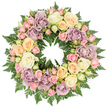 Against a bright, uncluttered white background, a sumptuous circular wreath for a funeral or memorial service fills the frame, composed almost entirely of roses in soft pastels, supported by deep green fern foliage. The ring of flowers is so full that no bare stems or mechanics are visible, just an unbroken circle of petals. Creamy white and ivory roses form the main body of the design, many of them fully open so that their velvety petals fold outward in generous spirals. Nestled between these are dainty blush pink spray roses and small rosebuds, some tightly closed and others beginning to open, giving the wreath a sense of gentle movement and evolving emotion. Here and there, warm peach and buttery yellow roses introduce a hushed glow, while dusty lavender and muted mauve roses lend an old-world charm that often appeals to families seeking a more personal, reflective tribute. The flowers are framed by finely textured, dark green fern fronds that curve softly around the wreath, their delicate leaflets adding contrast and a sense of natural serenity, reminiscent of shaded corners of Canonbury's residential gardens or the greenery around Canonbury Station. Light brushes across the design, catching the contours of the petals and the glossy greens, highlighting the care taken in every placement. The perfectly round shape suggests continuity and the enduring cycle of life, making this wreath a meaningful choice for a final farewell, a church or crematorium service, or a commemorative gathering held in a Canonbury home where loved ones come together to remember and honour a life.
