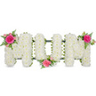 In this image, a classic MUM funeral tribute is presented as three bold, upright letters meticulously covered in fresh white spray chrysanthemums. The flowers are tightly massed, giving a thick, cushiony texture that feels gentle and composed, with each small bloom contributing to an overall sense of purity and peace. The letters sit on a dark green frame or ribbon, just visible around their bases, creating a clean outline and offering a subtle counterpoint to the bright white petals. At the top left of the first M, a burst of colour appears in the form of a ruffled fuchsia garden rose, encircled by paler pink spray roses and closed buds. Light, feathered fern fronds emerge from behind the roses, their finely cut leaves providing movement and a natural, garden-fresh look. This same arrangement is repeated thoughtfully at the lower central curve of the U and again at the top right of the final M, so pink and green accents gently punctuate the word without overwhelming it. The background is stark white and uncluttered, ensuring all attention rests on the flowers and their meaning. The overall impression is of a loving, carefully considered tribute, typical of the bespoke sympathy work created for families in Canonbury, Barnsbury, and the surrounding Islington area. Crafted to accompany a funeral, cremation, or graveside service, this MUM arrangement uses the traditional symbolism of white chrysanthemums for respect and remembrance, combined with tender pink roses to convey gratitude, love, and cherished memories of a much-missed mother.