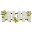 The photograph captures a touching funeral flower tribute spelling out the word MUM in sturdy, upright capital letters, set crisply against a white background so the detail of every bloom is visible. Each letter is entirely filled with pure white spray chrysanthemums, packed tightly together so the petals form a smooth, velvety blanket of flowers. The tiny, rounded florets create a soft, textured surface that conveys quiet reverence, like freshly fallen snow or a gently folded cloth. A narrow, dark green framework subtly traces the outline of the letters, visible here and there between the flowers, giving definition and structure without distracting from the whiteness of the design. Three elegant clusters of roses in peach and blush pink tones provide warmth and a personal note: one cluster lies at the upper left of the first M, another rests low on the U, and the final cluster sits high on the last M, drawing the eye along the length of the tribute. Each grouping combines open roses and smaller buds surrounded by rich green leaves and airy, feathery foliage, echoing the natural softness of gardens around Canonbury and nearby Islington terraces. Together, the white chrysanthemums and gentle peach roses create a harmonious balance between purity and affection, offering a visual message of love, remembrance, and gratitude for a cherished mother. This MUM arrangement, prepared with the care and precision of Canonbury Flowers, is the kind of bespoke piece chosen for funerals, cremations, or memorial services, where it can be placed near the coffin or at the front of the chapel, offering comfort and a sense of calm to grieving family members and friends.