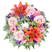 A lush, circular sympathy wreath is displayed on a clean white background, its flowers arranged so densely that the ring feels almost like a soft floral tapestry. Two striking Asiatic lilies in a warm reddish-orange act as the central accents, one placed toward the top of the circle and the other near the lower edge, their star-shaped blooms and visible stamens bringing a touch of vibrant energy to the otherwise gentle palette. Surrounding them are generous clusters of pale blush and light lavender-pink roses, each rose fully open and layered with velvety petals, creating a soothing, romantic mood. Mixed throughout are ruffled lisianthus blossoms in soft pink and deep, saturated purple, their cup-shaped flowers giving the design a textured, almost cloud-like quality. Fine sprays of tiny lavender-blue filler blooms, likely statice or limonium, weave between the larger flowers, adding a delicate, airy haze. Here and there, small, spiky blue eryngium thistles poke through, offering a subtle, modern edge that contrasts with the softness of the roses and lisianthus. The flowers rest on a rich underlayer of greenery: rounded, silvery eucalyptus leaves, feathery ferns, and darker green foliage that provide structure and depth. A few unopened lily buds are nestled quietly among the leaves, hinting at blossoms yet to unfold. The wreath's circular form and balanced colours make it a dignified choice for a funeral or memorial service in Canonbury, whether placed in a local church, carried to a crematorium, or delivered to a family home off Essex Road as a tender expression of sympathy and remembrance.