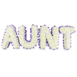 A comforting memorial tribute, the word 'AUNT' is spelled in large, three-dimensional letters entirely covered with tightly packed white spray chrysanthemums. The tiny, cloudlike florets create a plush, velvety surface across each letter; their pale yellow centres peek through occasionally like soft, reassuring heartbeats. A deep purple satin ribbon, gently ruffled and scalloped, traces the full perimeter of every letter, its sheen catching the soft studio light and providing a thoughtful contrast to the pure white blooms. Subtle grey shadows beneath the letters suggest their solid backing and lift them away from the white background, giving the arrangement a quiet, sculptural presence that reads clearly from a distance yet rewards closer inspection with delicate floral detail. The overall scent is faintly green and dewy - a clean, comforting lift rather than an intrusive perfume - which adds to the sense of calm and respectful remembrance.  Crafted with the sense of care you would expect from a local Canonbury florist, this tribute balances dignity and tenderness: the resilience of the densely clustered chrysanthemums with the gentle, consoling flourish of lavender-toned ribbon. It evokes walks along Canonbury Square and moments of shared memory beneath the plane trees, offering a visual embrace for mourners and family. Ideal for funerals or memorial services in Canonbury and surrounding Islington neighbourhoods, the piece reads as a personal, handcrafted message of love and gratitude for a cherished aunt, standing as both a focal point in a service and a quiet expression of collective remembrance.