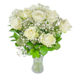 A graceful, gallery-like bouquet of about a dozen creamy white roses nestles among clouds of tiny baby's breath, photographed against a pristine white backdrop so every delicate detail reads clearly. The roses vary from fully unfurled blossoms to gently opening buds, their velvety petals carrying a soft cream tone with the faintest hint of ivory toward the edges. Interlaced throughout, the gypsophila forms a whispering veil of minute white florets that give the arrangement a light, almost airborne texture, like early morning mist lifting above Canonbury Square. Beneath the blooms, a rich chorus of foliage-leaves ranging from deep emerald to bright lime-creates a verdant underlayer, the glossy, veined surfaces introducing depth and a fresh green contrast that makes the whites feel luminous. The stems are neatly trimmed and visible through a simple clear glass vase; the water line and clean stems reinforce the sense of freshly gathered flowers prepared with care. Soft, diffused daylight highlights the petals' subtle curves and casts a faint, cool shadow across the white surface, lending the composition calm dignity. As a florist I think of this arrangement for quiet celebrations and reflective moments alike: engagements on a bench near Essex Road, an intimate anniversary dinner in a Canonbury flat, or a sympathetic gesture left at a church service. The scent is faint and tender-more a cool breath of green than a heavy perfume-and the overall effect is one of serene refinement and thoughtful presence, the kind of bouquet that reads as both a celebration and a comfort.