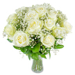 A hand-tied bouquet of pristine white roses arranged with airy clusters of gypsophila rests in a clear glass vase, the whole composition radiating quiet, understated elegance. Each rose is open in a gentle spiral, petals creamy at the heart and snow-white at the edges, their soft satin texture catching a soft morning light that makes the outer ruffles glow. Tiny star-like sprays of baby's breath nestle between blooms like a mist, adding volume and a whispering contrast against the rounded rose heads, while glossy, forest-green leaves peek through to give the arrangement depth and a rooted freshness. The straight, healthy stems are visible through the vase, their pale green waterline gleaming where the light meets the glass; you can almost sense the slight, classic scent of rose mingled with the lighter, powdery note of gypsophila. Composed with even spacing and calm vertical rhythm, the bouquet feels dignified and soothing-an offering that could mark a wedding vow, a gentle condolence, or a simple expression of careful affection. As a florist who arranges daily in Canonbury and nearby Newington Green, I think of this as a piece that carries reassurance: simple materials, expertly proportioned, sending a message of calm and purity. The overall mood is peaceful and refined, with craftsmanship evident in the balanced spray and neat hand-tied finish. Placed on a mantelpiece or reception table, the neutral whites and greens become a quiet focal point, translating classic floral vocabulary into a contemporary, heartfelt gesture of comfort and hope.