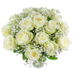 Creamy white roses gather here like a handful of softened clouds, each bloom large and perfectly cupped with petals unfurling in layered spirals tinged with the faintest hint of vanilla. Interspersed throughout, sprays of baby's breath-delicate, lacy gypsophila-float like tiny stars, creating an airy halo that gives the bouquet a weightless, almost suspended quality. The subtle green leaves and slender stems provide a cool, natural anchor beneath the flowers, their matte texture contrasting with the rose petals' soft sheen. Light falls gently across the arrangement, catching the outer curves of the petals and lending them a pale, moonlit glow that enhances the feeling of calm and quiet grace. You can almost sense a faint, powdery sweetness in the air when standing close, a scent that soothes rather than overwhelms. Compositionally, every stem is angled to create depth: larger roses are placed forward to draw the eye, while smaller buds and clusters of gypsophila thread through the middle and back, producing a rounded silhouette that reads as both abundant and refined. This bouquet suits moments that call for gentle reassurance-anniversaries remembered with reverence, a quiet expression of sympathy, or a wish for new beginnings. As a local florist familiar with Canonbury's quieter streets and nearby green spaces, I imagine this arrangement resting on a table by the window of a home on Essex Road or carried slowly from Canonbury Square after a small, intimate gathering. The overall impression is one of composed beauty: timeless, sincere, and perfectly balanced between lush presence and delicate restraint.