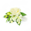 Set against a clean, luminous white background, this delicate corsage reads like a whisper of bridal calm: a single, fully opened creamy white rose sits at the centre, its velvety petals layered tightly in the heart and unfurling outward with soft shadowed depth. Around it, small white alstroemeria-Peruvian lilies-open in slender, graceful petals, their subtle ivory tones catching a cool, morning-like light. Two elongated green buds on the left promise more bloom to come, lending a sense of natural progression and quiet expectation. Tucked beneath and between the larger flowers are tiny daisy-like blossoms with pale yellow centres, their petite forms adding an almost-country charm and intricate texture against the rose's broader planes. A generous sweep of dark, glossy green foliage-broad, smooth leaves-forms a structured backdrop, the deep verdant tones setting off the whites and providing visual weight and balance. To the right, a cluster of lustrous white pearls nests among the leaves, the beads catching light like old-fashioned jewellery and suggesting bridal formality. The composition feels balanced for a wrist corsage or a lapel accent: refined and intimate, ideal for a wedding, prom, or formal celebration. There is an audible suggestion of scent in the arrangement's description-a gentle, fresh fragrance of white florals and green leaves-and a careful hand is evident in the way each element is placed for contrast and movement. This piece would sit comfortably on Canonbury Square during a spring ceremony, its quiet elegance echoing the neighbourhood's calm streets and Georgian terraces.