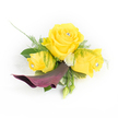A hand-sized corsage photographed against a crisp white background, composed with confident precision: three sunny yellow roses form a triangular cluster, the central bloom fully open and radiant, the two side roses gently cupped and beginning to unfurl. Each rose heart is finished with a small clear faceted jewel that catches light and adds a quiet, elegant sparkle. Below that golden trio a single, sculptural calla lily in a deep plum-to-burgundy tone curls softly down and to the left, its satiny petal creating a dramatic, grounding counterpoint to the cheerful roses. Feathery asparagus fern weaves through the blooms, lending a soft, airy texture that contrasts with broader dark-green foliage which anchors the piece. Tiny white button chrysanthemums nestle between petals like bright punctuation, while a couple of closed green buds at the lower right hint at natural growth and promise. Behind the left-most rose a delicate whisper of sheer white lace or feathered tulle peeks through, adding a vintage, ethereal flourish. In soft daylight this little arrangement reads as both joyful and refined: the roses give warmth and perfume, the calla brings depth and poise, and the crystal accents translate movement into glint. Perfect for a wedding, prom, or any formal occasion where a wearable bloom needs to be both striking and comfortable, this corsage balances colour, texture, and scale with quiet craftsmanship. As a local florist would note, the careful pinning and clean lines ensure it sits neatly on a lapel or wrist, offering a memorable touch of colour and scent for a special day in Canonbury or nearby Islington streets.