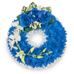 A solemn, perfectly circular wreath set against a clean white backdrop, with a dense, continuous ring of electric royal-blue chrysanthemums forming a lush, velvet-like body. The saturated blue petals are tightly packed so the surface reads as a rich, uninterrupted carpet of colour, immediately calming and dignified. At the crown of the wreath three full-bloom royal blue roses create a gentle focal point; their velvety petals are unfurled and surrounded by fine sprays of pure white baby's breath and a few glossy deep-green leaves that add natural contrast and visual depth. From the left-hand side a graceful cascade of pristine white orchids - likely Phalaenopsis - flows inward, each open blossom broad and tender, accompanied by a sinuous stem dotted with pale yellow-green buds that suggest quiet renewal. The inner edge of the circle is softly framed with a ruffled white satin ribbon, its crisp folds giving the central void a refined, finished look. Under soft studio light the textures are clear: the chrysanthemums' compact puckered heads, the roses' layered softness, the orchids' translucent petals and the ribbon's satiny sheen. A faint, clean floral scent is suggested - a subtle mix of chrysanthemum green notes and the cool sweetness of orchids - evoking a hushed moment of remembrance. This arrangement reads as a thoughtful tribute for a funeral or memorial, offering dignity, peace and a promise of calm. As a local touch, the palette and composition reflect the quiet respect we often create for families in Canonbury and nearby Canonbury Square, assembled with steady, attentive hands familiar with the neighbourhood's gentle rhythms.