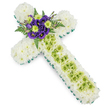 A dignified floral cross tribute is displayed against a pure white background, its craftsmanship and symbolism immediately apparent, as if prepared for a quiet farewell in one of Canonbury's historic churches. The cross is fully covered in dense clusters of pristine white chrysanthemums, each small bloom contributing to a soft, quilted surface that speaks of purity, solace, and gentle remembrance. Encircling the entire shape, a narrow edge of bright green ribbon or carefully layered foliage outlines the cross with a fresh, clean border, ensuring the form remains crisp and defined even from afar. Running straight down the centre of the vertical arm is a broad stripe of lime green button chrysanthemums, their rounded, textured heads creating a lively contrast against the surrounding white. Over this central green panel, delicate pale green wires are loosely draped in a subtle criss-cross pattern, introducing an intricate, hand-finished touch reminiscent of fine lacework. Where the arms of the cross meet, a striking cluster of deep purple lisianthus flowers forms the visual heart of the piece, their velvety petals and rich colour adding depth and emotion. Interspersed among them are lime green button mums, echoing the vertical stripe and tying the design together. Dark green fern fronds and soft foliage extend gently from behind this focal cluster, giving a sense of natural movement and garden freshness, as though gathered from a shaded corner near Canonbury Square. This thoughtful composition of white, green, and purple creates a calm, respectful funeral flower arrangement, symbolising faith, peace, and enduring love.