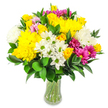 A bright, joyful bouquet of mixed flowers is arranged in a clear glass vase, photographed against a spotless white background that makes the colours appear almost luminous. The design is rounded and full, with flowers layered closely together so that no gaps are visible, giving an impression of generous abundance. Dominant tones of sunny yellow and crisp white are lifted by striking magenta, fuchsia, and soft blush-pink accents, creating a cheerful harmony. At the heart of the bouquet, vibrant yellow roses, their petals still tightly formed and slightly spiralled, are scattered among chunky yellow chrysanthemums whose dense, ruffled petals lend a soft yet structured texture. Interspersed among these are small white daisy-like flowers with bright lime-green centres, echoing the relaxed charm of little patches of wildflowers you might notice walking through Canonbury's quiet residential streets. Fluffy white chrysanthemums of a similar shape to the yellow ones add lightness and volume, while deeper magenta and fuchsia chrysanthemum heads provide eye-catching bursts of saturated colour. Nestled quietly between the stronger hues are more delicate pastel pink blooms that create depth and a gentle, romantic note. Surrounding and threading through the entire arrangement is a collar of dark green foliage, probably Ruscus, with smooth, oval leaves that shine softly and frame the brighter flowers. The stems inside the simply curved glass vase are clearly visible, submerged in clear water and arranged with a tidy, professional touch suggestive of fresh, local preparation and quick delivery within Canonbury and nearby Angel. The overall mood is one of affordable luxury and uncomplicated happiness, perfect for a birthday on a budget, a sunny get-well wish, or a small yet meaningful thank-you gift.