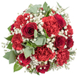 Centred against an immaculate white background, this bouquet appears as a lush, rounded island of red, white, and green when seen from above, its dome-like shape carefully composed so every blossom contributes to a sense of fullness and harmony. Deep red roses, their petals densely layered and deliciously velvety, bring an immediate impression of romance, each flower spiralling inward with a softness that suggests both strength and tenderness. Around these, ruffled red carnations create a rich tapestry of texture, their abundant, gently curling petals capturing light and shadow in a way that makes the entire bouquet feel almost touchable. Tiny white flowers of baby's breath are scattered throughout like fine lace, softening the strong red palette and giving the arrangement a delicate, airy brightness that resembles a light dusting of snow. Slender stems of eucalyptus weave through the design, their rounded, grey-green leaves and subtle sheen introducing a cool, calming note, while darker green foliage provides structure and a sense of natural depth beneath the showier blooms. The lighting is bright and neutral, making the colours appear true and vivid, as if the bouquet had just been placed on a white table in a Canonbury home flooded with morning light. It is easy to imagine this arrangement delivered to a doorstep near Canonbury Station or carried along Upper Street on the way to a romantic dinner. The bouquet's mood is passionate yet comforting, ideal for anniversaries, proposals, or simply saying I'm thinking of you with flowers that embody both elegance and heartfelt affection.