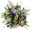 Captured from directly above against a clean white background, this bouquet reads like a painter's palette inspired by the calm, elegant streets of Canonbury. At its centre, full-bloom roses in shades of dusty pink and mauve unfold in layered spirals, each petal slightly curled at the edge, giving a sense of softness and quiet luxury. Scattered between these focal roses are clusters of small, lavender aster-like flowers, each with a bright yellow heart, adding a light, almost sparkling quality to the arrangement, as if they were tiny stars dotted across a twilight sky. Rich, saturated purple lisianthus blooms nestle deeper in the bouquet, their ruffled, bell-like forms adding depth and a sense of mystery, while slim, tapering spires of vivid purple veronica rise above the other blooms, lending height and a gently dynamic line, similar to the vertical rhythm of trees along Canonbury's residential roads. Throughout the bouquet sit rounded, cushiony spheres of intense chartreuse green, reminiscent of Green Trick dianthus, whose soft, moss-like texture brings a playful, sculptural element and bright contrast to the cooler tones. Eucalyptus stems, shaded in soft, silvery-green, loop gracefully through the design, their smooth, rounded leaves softening the overall outline and hinting at a crisp, herbal fragrance. Additional sprigs of fresh foliage and emerging buds help the bouquet feel complete and exuberant, with no empty spaces or hard lines. The overall effect is joyful yet refined, making this arrangement an ideal choice for a birthday, engagement, or simple just because flower delivery to homes and studios across Canonbury and nearby Islington.