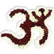 A reverent, sculptural rendering of the sacred Om (Aum) symbol crafted entirely from tiny, densely packed blooms, photographed against a pure white backdrop so every curve reads clearly. The central body of the Sanskrit character is built from deep maroon to dark red chrysanthemum-like pompons, each bloom tight and velvety with a subtle gradation of reds and many showing a small lime-green eye that gives the mass a natural, breathing texture. Around the red forms a generous border of pristine white spray chrysanthemums, their smaller petals creating a soft, undulating outline that defines the symbol's distinctive '3' curve, the sweeping downward stroke, and the crescent with bindu above. The arrangement's surface reads tactile and almost textile-like: petals layered densely enough to feel cool and silky to the touch, while a faint earthy perfume of late-summer blooms seems to linger in memory. A gentle drop shadow beneath the composition lifts it from the white field, reinforcing its three-dimensional presence as a ceremonial tribute. As a local Canonbury florist might describe it, the piece balances devotion and design-precise enough for a temple or memorial setting, yet tender for a quiet meditation circle or cultural celebration on Upper Street or in Canonbury Square. The craftsmanship suggests hours of hand-placing each blossom to keep negative spaces crisp and proportions true, a labour of care that reads as calm, dignity, and spiritual focus. This image conveys solace, unity, and the audible stillness of mantra practice, appropriate for articles about Hindu symbolism, meditation practice, or floral tributes for rites of remembrance.