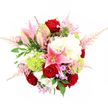 Photographed from a slightly elevated angle against a luminous white background, this hand-tied bouquet appears beautifully three-dimensional, as if it has just been set down on a studio table by a skilled Canonbury florist. The central focus is a cluster of rich red roses, their plush, velvety petals curling outward in tight spirals that catch the light along each edge, suggesting depth and a sense of classic romance. Nestled alongside them, pink stargazer lilies lift their open faces, petals curved back to showcase deeper pink speckles and long, pollen-dusted stamens, while several buds remain slender and closed, promising future blooms. Generous heads of creamy white hydrangeas build a voluminous, cloud-like foundation, their many tiny petals blending together into soft billows that balance the stronger, more saturated tones. Tucked between the hydrangeas and roses, round tufts of lime-green Green Trick dianthus provide a modern, playful twist, their fine, mossy texture creating a striking contrast against the smooth rose petals and broad lily blooms. Wispy plumes of blush pink astilbe extend beyond the main mass of the bouquet, giving it an airy outline, like delicate feathers drifting on a gentle breeze coming off nearby Canonbury Park. Small hints of lavender and fuchsia-coloured filler flowers are scattered throughout, rewarding a patient gaze with subtle extra tones. Deep green, glossy leaves and softer, fern-like sprigs encircle the design, grounding the composition in natural foliage and making the bright flowers appear even more vivid. The bouquet feels luxurious yet welcoming, ideal as a centrepiece for a Canonbury dinner party, a romantic gesture delivered to a townhouse off Upper Street, or a refined arrangement to mark life's special occasions with colour, fragrance, and heartfelt care.