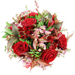 From a bird's-eye view, this opulent bouquet appears as a rich circle of colour against a spotless white background, each flower and leaf carefully placed to create a sense of balance and abundance. Large, fully open deep red roses form the focal points, their velvety petals spiralling inward with a sense of classic romance that would suit an intimate gathering in a Canonbury sitting room overlooking the tree-lined streets. Woven between these central blooms are fine stems of pale pink waxflower, their clusters of tiny, star-shaped blossoms lit by faint yellow centres, providing a delicate, almost lace-like contrast to the bold crimson roses. Surrounding the flowers is a generous collar of greenery, from solid, dark emerald leaves that anchor the design to slimmer, more pointed foliage that introduces movement and a natural, garden-inspired feel, reminiscent of walks through local green spaces. Threaded among the greens are distinctive leaves in shades of burgundy and bronze, some marked with reddish-brown veins; they introduce a subtle autumnal hint and a chic, contemporary twist, as if nodding to Canonbury's blend of historic charm and modern style. Scattered throughout are smaller, deeper red blossoms, likely alstroemeria or a similar variety, whose narrower petals and bell-like forms enhance the bouquet's layers of texture and colour. The arrangement forms a generous, rounded dome, suggesting it has been carefully hand-tied, ready to be presented as a romantic gift, an anniversary surprise, or a special delivery for a celebration in the Canonbury area. A sliver of red and white patterned tag or ribbon at the base hints at a personal message, completing the sense of thoughtfulness and refined emotion conveyed by the flowers.