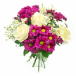 A bright, joy-filled bouquet is shown against a pure white backdrop, the kind of hand-tied design you might imagine being carried home through Canonbury after a visit to a favourite local florist. The arrangement is generous and rounded, centring on several large roses in shades of creamy white and pale buttery yellow. Their petals curl and spiral softly, giving a sense of calm elegance and quiet romance. Hugging these roses are plentiful fuchsia-magenta chrysanthemums, each bloom full of narrow, slightly tousled petals encircling a striking yellow-green centre, adding a lively, almost sparkling energy to the composition. Threaded gently among the larger flowers are slim stems of tiny white daisies, reminiscent of chamomile or feverfew growing on the edge of a garden, their petite petals and golden centres lending a fresh, meadow-like charm. Here and there, small chrysanthemum buds in a deeper purple-pink are just beginning to open, suggesting a bouquet that will continue to evolve and delight over several days. A base of rich green foliage cradles the blooms, providing contrast, structure, and a sense of natural abundance. The stems are neatly gathered and bound with a green and white checkered ribbon, tied firmly but with a relaxed, handmade feel, ready to place in a favourite vase on a kitchen table overlooking Canonbury Square. Illuminated with soft, even light, every petal edge and leaf vein is visible, and the overall mood is one of sunny celebration, heartfelt appreciation, and the comforting pleasure of fresh flowers arranged with care.