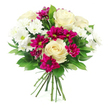 A hand-crafted bouquet is shown against a bright white background, its colours and shapes forming a harmonious, rounded composition. At the centre, large creamy white roses open in soft spirals, each petal smooth and slightly curled at the edges, creating a sense of gentle luxury and timeless romance. Encircling these focal blooms are white spray chrysanthemums, formed from many delicate, slender petals arranged around muted greenish centres, lending the bouquet a fresh, airy character that feels clean and serene. Threaded among these are deeper notes of colour from magenta spray chrysanthemums, their petals densely layered and vividly fuchsia, adding energy and contrast that echoes the creative vibrancy of Canonbury's streets and nearby Upper Street. Dark green foliage, likely Ruscus or Salal, frames and supports the arrangement, its glossy leaves filling in any gaps and offering a lush, natural backdrop that intensifies both the whites and the magentas. The stems at the bottom are neatly gathered and tied, showing the care of a professional hand-tied design, as if it has just been prepared in a Canonbury florist's studio ready for local delivery. Soft, even lighting ensures every bloom appears fresh and crisp, with no harsh shadows to distract from the details. The bouquet radiates a mood of joyful affection and thoughtful elegance, perfect for marking birthdays, anniversaries, or quiet at-home celebrations in Canonbury, or for simply brightening a windowsill after a leisurely walk along the tree-lined paths of the neighbourhood.