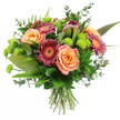 This image shows a full, rounded hand-tied bouquet set against a crisp white background, its warm and vivid colours standing out clearly, like a bright moment on a leafy Canonbury terrace. At the heart of the arrangement, generous roses in shades of peach, coral, and soft salmon pink open in layered, velvety spirals, some with paler edges that gently blend into deeper, glowing centres. These romantic blooms are interlaced with Gerbera daisies in rich burgundy and deep magenta, their slender petals radiating around lighter central disks that give texture and a contemporary touch. Positioned towards the upper section is a dramatic King Protea, whose layered, artichoke-like bracts in maroon and mauve-pink draw the eye, creating a sculptural focal point that balances the softer forms surrounding it. Throughout the bouquet, clusters of lime-green Santini chrysanthemums add lively pops of colour, each small, spherical flower head like a playful button that enlivens the composition and contrasts with the warmer tones. Around the outer edge, an array of foliage anchors and frames the blooms: broad, glossy dark-green leaves form a supportive base, slender, blade-like greenery adds graceful height, and soft eucalyptus sprigs with rounded, silvery leaves weave gently through, suggesting a cool, refreshing fragrance. The stems are neatly aligned and tied at the base, making the hand-tied craftsmanship instantly apparent, as though the bouquet has just been placed on a counter in a Canonbury Flowers studio off Essex Road. The overall feel is one of thoughtful celebration and modern charm, perfectly suited to birthdays, thank-you gifts, or simply brightening a home with fresh, locally arranged flowers.