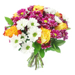 Against a pristine white background, a mixed flower bouquet appears almost to glow, every bloom carefully placed to create a lush, rounded silhouette. The design showcases a vibrant interplay of colour: at its centre, large bi-colour roses open fully, displaying hearts of golden yellow that drift into rich orange and subtle red-orange along their outer petals, evoking the warm tones of a late afternoon walk through Canonbury's leafy streets. Surrounding and softening these roses are numerous white daisy chrysanthemums, each with a distinct lime-green centre that feels bright and invigorating, like a splash of citrus. Sitting cosily among them, tightly petalled magenta and fuchsia chrysanthemums create dense, button-like forms, their saturated tones deepening the overall palette and their yellow-green cores quietly echoing the daisy centres. Slim, dark green leaves, reminiscent of ruscus, weave in and out of the blooms, bringing structure and a gentle sense of movement, as if the bouquet had just been gathered from a carefully tended garden. At the bottom of the frame, the stems are gathered and tied, their freshly cut ends visible in shades of green and light brown, giving an immediate impression of freshness and professional care. The lighting is bright and even, with minimal shadow, so the viewer can almost feel the satiny smoothness of the petals and the cool firmness of the leaves. The mood is cheerful and generous, suitable for any happy occasion in Canonbury-from an intimate celebration near Islington Green to a thoughtful delivery to a friend working from home off Canonbury Square-bringing a vivid splash of yellow, orange, white, magenta, and green into everyday life.