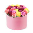 Against a clean white background, a vibrant, luxurious floral arrangement sits proudly in a round pastel pink hat box, its surface soft to the touch with a velvet-like finish that signals premium presentation. From the box's crown spill dozens of freshly bloomed roses, arranged with expert hand to form a lush, domed bouquet. The color story is a cornucopia of romance: deep crimson red, rich magenta, sunny yellow, bubblegum pink, and bi-color roses that melt from pink into cream, all tightly packed with graceful symmetry. Foliage is kept minimal, just enough emerald peeking through to frame the blossoms and intensify the color depth. Each rose looks impeccably formed, the petals smooth and dewy, telling of peak freshness. The overall effect is opulent, a gift that whispers celebration, romance, or heartfelt appreciation. It suits premium flower delivery services, especially for Valentine's Day, Mother's Day, birthdays, or a simple surprise for a loved one, and it makes a striking feature in any home or event setting. For Canonbury locals, this elegant box represents a refined, modern take on luxury gifting-delivered with care to nearby streets around Canonbury, Upper Street, or Essex Road.