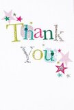 The card in this photograph radiates a gentle, playful gratitude: the words 'Thank You' run across the centre in a parade of personality, each letter a different vibrant hue-lime green, fuchsia, cool blue and a touch of sunny yellow-so that the phrase reads like a small festival. Some characters are inked in a soft silver that catches the light, others are patterned with tiny polka dots or finished with delicate stitched flourishes that suggest handwork and care. Clusters of small stars orbit the text in shades of magenta, teal and silvery-gold, arranged like confetti drifting sideways in a warm summer breeze. The card stock is crisp and slightly textured to the touch; in the photograph a soft morning light from a north-facing Canonbury window makes the glittered silver and stitched threads lift from the pure white background, which remains clean and spacious so every color sings. As a florist in Canonbury I read this design as an ideal companion to a bright bouquet-its tactile detail echoes ribbon and paper, and its cheerful palette matches summer posies sold around Upper Street and Canonbury Square. Even without scent, the image suggests the faint, comforting smell of fresh paper and floral stems nearby. The composition balances celebration and sincerity: jaunty, handcrafted lettering paired with an uncluttered layout that feels both intimate and joyful. This is a thank-you card that can be tucked into a bunch of locally grown blooms or left on the doorstep after a small favour, sending a message of warmth that looks and feels unmistakably heartfelt.