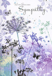 This sympathy card unfolds like a quiet walk through a hidden Canonbury garden at dusk, where the world feels hushed and colours blur into gentle harmony. Airy silhouettes of wild umbelliferous flowers stretch upwards, their stems thin and slightly curved, their delicate clusters of tiny blooms painted in soothing tones of lavender, indigo, soft blue, and muted purple. The petals are lightly brushed, almost weightless, so they seem to float against a background of silvery greens and cool violet washes. Hints of shadow and light ripple through the watercolour, suggesting a faint evening breeze like the one that moves through the trees near Canonbury Station. Butterflies, subtly drawn in transparent purples and blues, drift between the blossoms, their delicate wings hinting at transformation and the quiet presence of those we've lost. The overall composition is open and airy, with plenty of breathing space around the stems, allowing the eye to move slowly and peacefully across the scene. Nothing is jarring; every element is soft, respectful, and carefully measured, much like the condolence flowers we prepare for local families facing difficult goodbyes. The card's mood is deeply comforting rather than heavy, creating a visual space where grief can rest, memories can rise gently to the surface, and a sincere message of sympathy can be felt as well as read.