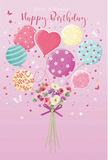 Soft pink birthday card illustration featuring a cluster of pastel balloons lifting a charming hand-tied bouquet, evoking the lighthearted feel of a Canonbury garden party. The scene opens on a blush background, calm and inviting, against which balloons in shades of gentle pink, mint, lemon, lavender, and teal seem to float effortlessly upward. Each balloon carries a unique personality: some are wrapped in twirling, candy-striped ribbons, others wear cheerful polka dots, and a few display delicate floral designs. A heart-shaped balloon glows at the centre, subtly radiating warmth, like a loving birthday message travelling across Canonbury and nearby Barnsbury. At the base of the image, a small but lush bouquet gathers into a rounded cluster of roses and anemone-like or daisy-like blooms. Their petals are layered and soft, moving from creamy ivory to blush and dusky mauve, as though catching the softened light that filters through a terrace window on a quiet Islington street. The imagined fragrance is fresh and sweet, gently enveloping without overwhelming. A violet satin bow wraps the green stems together, its sheen reflecting the same highlights that play across the balloon surfaces. Scattered around are tiny butterflies and little star shapes, creating a whimsical, almost storybook atmosphere, as if birthday wishes had taken flight. The composition balances playfulness with elegance, much like a bespoke birthday bouquet prepared by a skilled Canonbury florist for same-day delivery to a friend, neighbour, or family member celebrating another year around the sun.