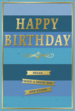 This birthday card offers a serene yet celebratory presence, the sort of thoughtful gesture you might find nestled beside a fresh bouquet in a Canonbury townhouse just off Newington Green. Its background is built from broad, evenly spaced horizontal stripes in varying shades of blue, moving gradually from rich navy down low to lighter, breezier sky blue closer to the top. The effect is a gentle ombre, like watching dusk soften into early evening over nearby Highbury Fields. Across the centre, the words HAPPY BIRTHDAY stand proudly in large, embossed gold letters. The metallic finish has a soft, polished gleam, catching small highlights as if under warm indoor lighting, and the raised texture of the lettering adds a tactile sense of quality. Immediately beneath the main greeting, a stylised golden flourish curls outward in an elegant, symmetrical pattern, recalling traditional stationery designs or the decorative ironwork you might glimpse along Canonbury Place. Below this flourish, three narrow gold banners are arranged in a neat vertical stack, each banner carrying part of the message: Relax, have a great day and enjoy! The banners echo the horizontal structure of the blue stripes, tying the whole composition together in a calm, deliberate rhythm. A slender gold line runs around the card's perimeter, framing everything with a quiet, finished grace. The impression is of a card meant to accompany a peaceful, well-loved birthday-perhaps shared over coffee in a local café off Upper Street-encouraging the recipient not only to feel celebrated, but to slow down, take a deep breath, and truly enjoy the day's simple, golden moments.