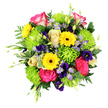 A vibrant hand-tied bouquet fills the frame against a spotless white background, every bloom standing out with clarity and life. At the heart of the design, hot pink roses edged in a lighter blush unfurl in lush spirals, their velvety petals giving the arrangement an unmistakably romantic touch. Surrounding them, bright yellow gerbera daisies with rich brown centres beam outward like miniature suns, lending a sense of happiness and open-hearted cheer. Nestled between these larger flowers, lime green button chrysanthemums cluster in soft, dome-like shapes, their fine petals creating a cushiony, almost plush texture that hints at new spring growth. Delicate lavender-blue aster-style blossoms and deeper purple, bell-shaped lisianthus are woven through the composition, adding cooler tones and a sense of depth that invites the eye to wander. The flowers are gathered into a generous mound of foliage: broad, deep green leaves, light airy ferns, and striking variegated leaves traced with white margins that echo Canonbury's leafy garden squares. Slim green stems topped with buds and shoots stretch just beyond the edges of the bouquet, giving the piece an animated, slightly whimsical silhouette. The lighting is bright and even, highlighting the natural gloss of the foliage and the softness of each petal while keeping shadows gentle. This colourful mix of pink, yellow, lime, and purple suggests joy, comfort, and celebration, ideal for a same-day delivery to a friend on Newington Green, a cheerful get-well wish, or a centrepiece that brings the lively spirit of a Canonbury florist's studio into any home or office.