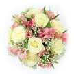 Captured from directly above against a crisp white background, this bouquet forms a flawless circular dome of soft, romantic colour, reminiscent of a fresh delivery arriving to a sunlit flat near Canonbury Station. At the centre and radiating outward are about eight large roses in creamy white and pale ivory, all fully opened so their petals spiral outwards in plush layers. The roses have a luxurious, velvety appearance, with the inner petals slightly deeper in tone, almost like poured cream, while the outer edges are softly illuminated by the light. Between these classic blooms weave generous sprays of pink alstroemeria, their petals slender and slightly curved, featuring fine stripes of deeper pink and touches of peach and yellow toward the centres. This gentle variation in tone adds energy and visual interest, similar to the subtle changes in blossom you might notice in gardens tucked along Canonbury's quiet lanes. The whole arrangement is delicately veiled in clouds of baby's breath, thousands of tiny white florets that fill every gap and create a misty, romantic backdrop for the larger flowers. Pockets of rich green foliage peek out at the edges and between blossoms, providing contrast and a sense of natural growth, without disrupting the bouquet's soft, pastel harmony. The bouquet is dense and symmetrical, such that no single flower dominates; instead, all elements work together to create a sense of balance and calm. The overall feeling is one of tender celebration and understated luxury, ideal for weddings, bridal showers, anniversaries, or sending a comforting, elegant message to loved ones in and around Canonbury.