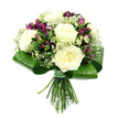 In this image, a hand-tied bouquet stands tall against a bright white backdrop, every flower carefully placed to create a calm yet luxurious impression. Several large white and creamy roses form the heart of the display, fully open and revealing tightly layered petals that spiral gracefully from centre to edge, like soft satin curls. Nestled between them, deep purple alstroemeria offer a striking contrast; some blooms are parted wide to show detailed markings inside their throats, while others remain closed, their buds adding sleek, tapered shapes to the design. All around, tiny white blossoms of baby's breath float like fine mist, introducing a delicate, cloud-like texture that softens the transitions between the bolder flowers. Dotted through the arrangement are small, spiky filler flowers in pale green and gentle white tones, reminiscent of Astrantia or fine thistles, adding a hint of wild charm and extra dimension. The bouquet is elegantly enclosed by a broad band of gleaming dark green leaves, expertly folded and curved by a skilled florist so that they cradle the flower heads in a contemporary collar effect. Beneath this lush green frame, the stems are cut evenly and held together with a green and white checked ribbon, giving a neat, crafted finish that speaks of professional care. The overall composition would suit a thoughtful delivery to a home near Canonbury's tree-lined streets, perhaps as a wedding anniversary gift, a sympathy tribute, or a simple gesture of gratitude, radiating serenity and understated elegance through its balance of white, purple, and green tones.