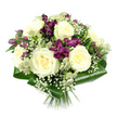 Photographed in clear, neutral light against a stark white background, this bouquet appears almost to float, its rounded shape and careful structure drawing the eye inward. At the core sit generous, creamy white roses in full bloom, each one with layered spirals of petals that look soft to the touch, like folded satin. They anchor the design with a sense of purity and classic romance. Woven around and between them are clusters of rich purple and magenta alstroemeria, their trumpet-shaped flowers offering velvety depth and subtle striping that introduces a note of intrigue. Some blossoms stand proudly open, while others linger in bud, promising days of unfolding colour. Feathery sprays of white baby's breath are scattered through the bouquet, their tiny blossoms forming misty clouds that lighten the overall impression and give a feeling of breathability and space. Tucked among the roses and lilies, pale green-white astrantia add distinctive, star-like detail, like the wildflower textures you might notice in the borders of nearby Highbury Fields or along the paths of Canonbury's quiet side streets. Encircling the base, large, dark green aspidistra leaves are folded back on themselves and polished to a gentle sheen, forming a sturdy, sculptural collar that defines the bouquet's compact, domed contour. Neatly cut stems peek out beneath, bound closely in a traditional hand-tied style. The combination of cream, purple, and green feels serene yet expressive, making this design perfect for sending thoughtful congratulations, marking an anniversary dinner in a Canonbury townhouse, or offering a gentle message of support with local flower delivery for neighbours around Islington.
